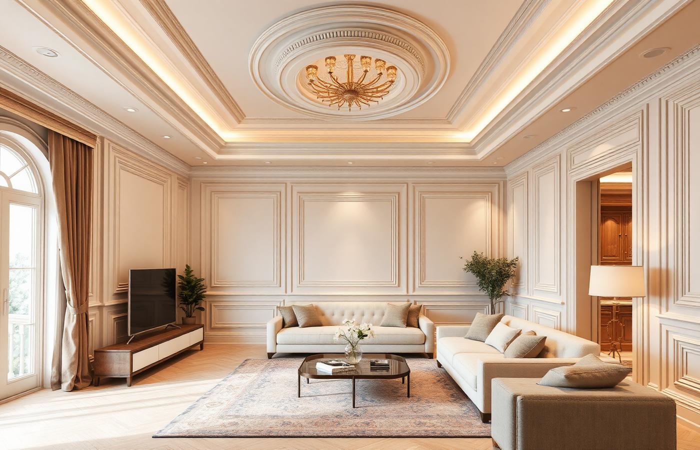 Finished living room with mouldings, cove lighting and panelled walls