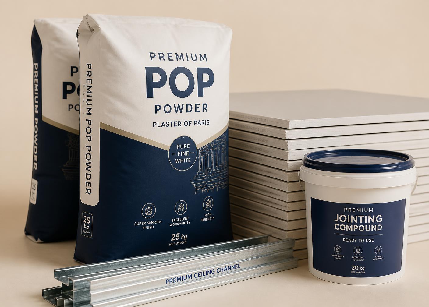 POP powder bags, stacked gypsum boards, galvanised ceiling channels and a jointing compound bucket