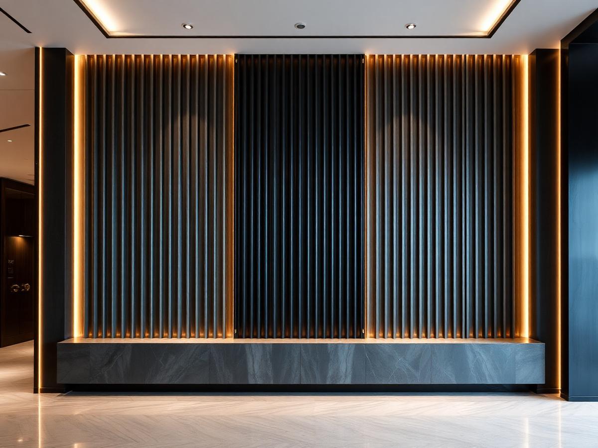 Charcoal fluted panel feature wall with warm linear lighting