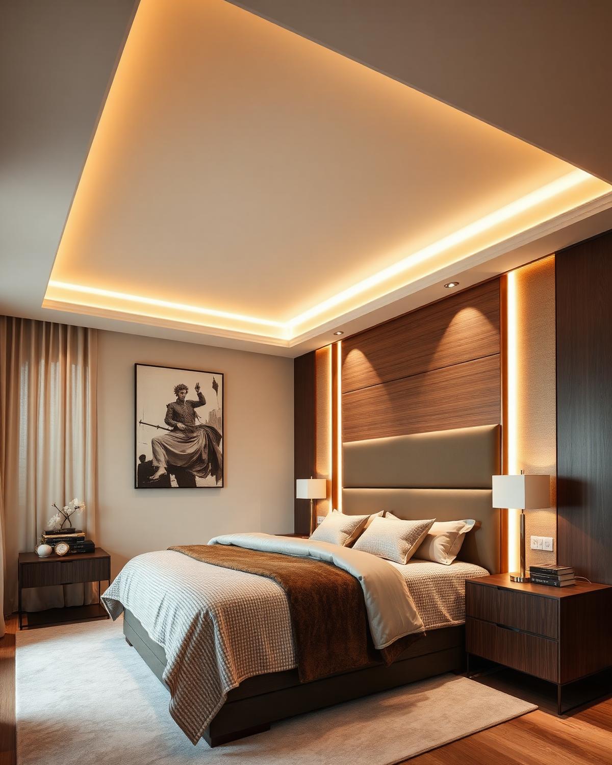 Bedroom with recessed gypsum ceiling, cove lighting and a WPC panel headboard