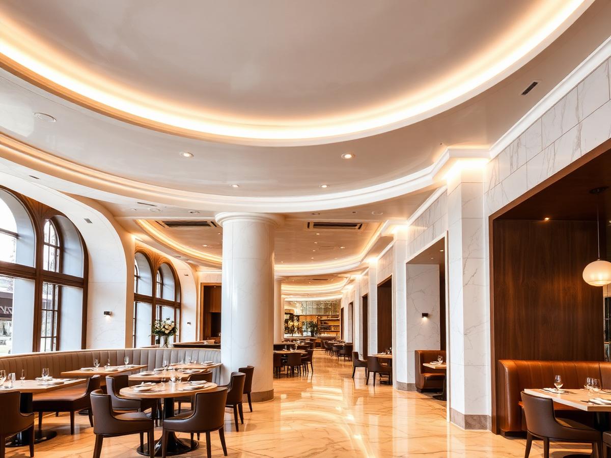 Restaurant with curved gypsum ceiling detail and warm cove lighting